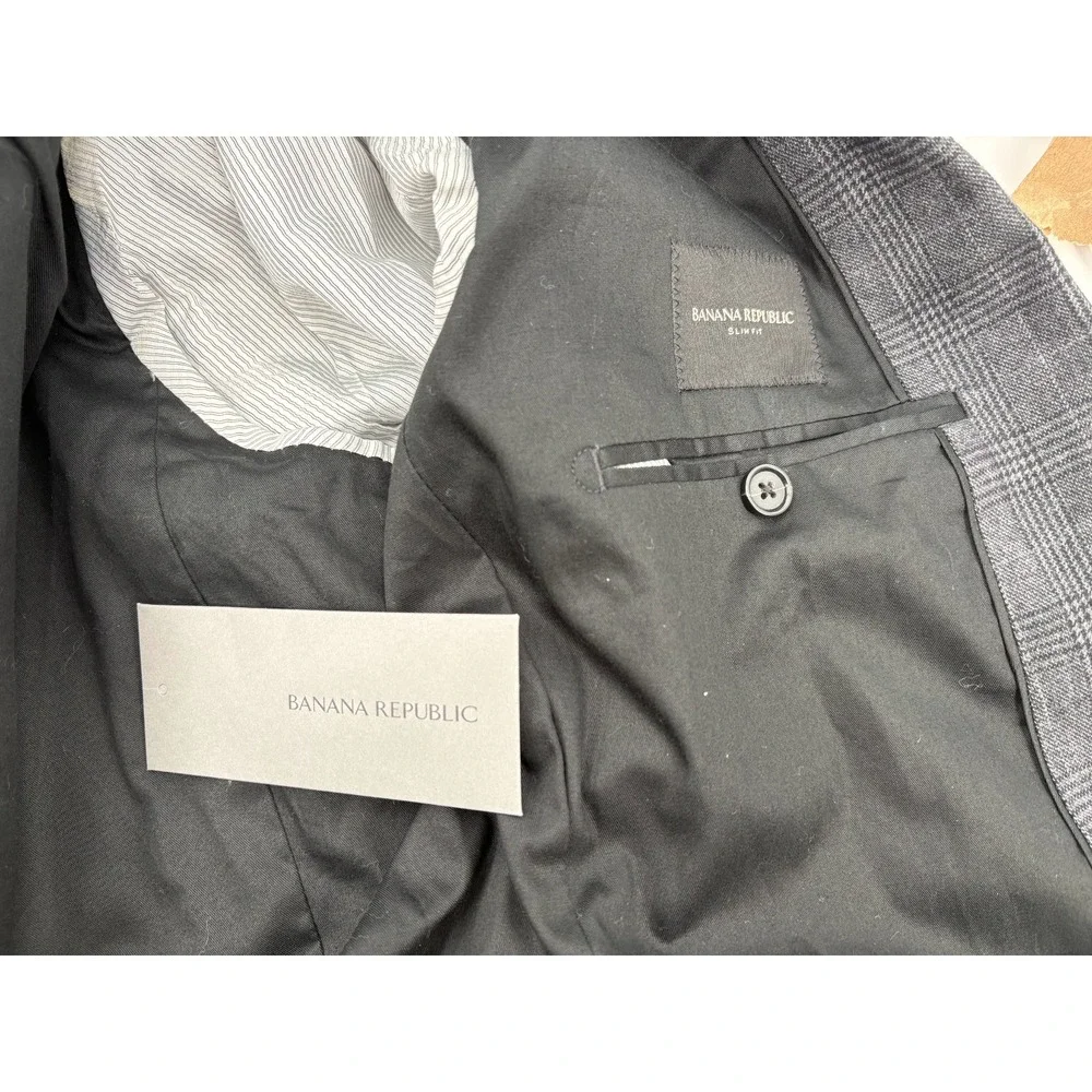 Banana Republic Blazer Mens 42R Gray Slim Fit Plaid Glen Check Sport Coat Jacket